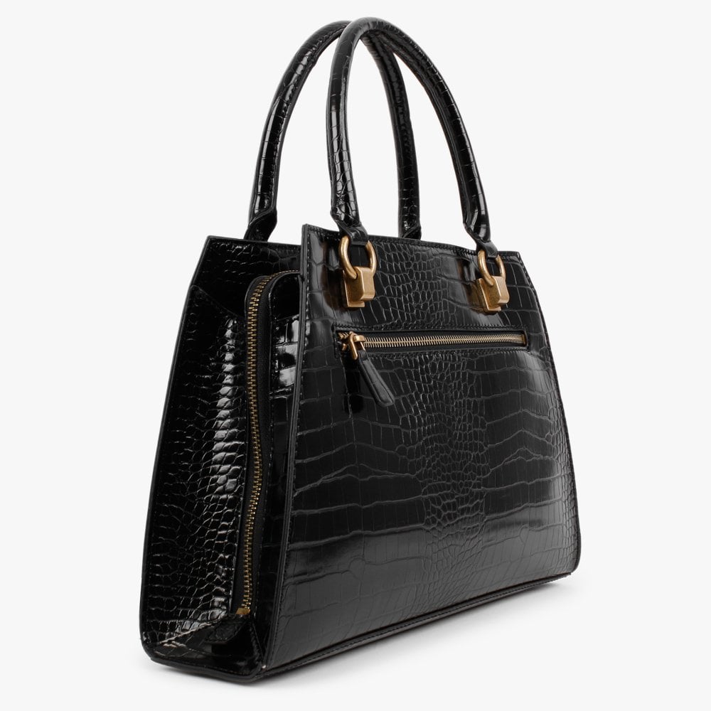 Stephi Black Moc Croc Gold Hardware Satchel Bag