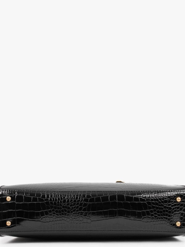 Stephi Black Moc Croc Gold Hardware Satchel Bag