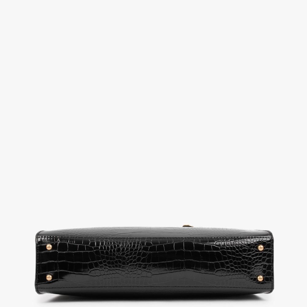Stephi Black Moc Croc Gold Hardware Satchel Bag