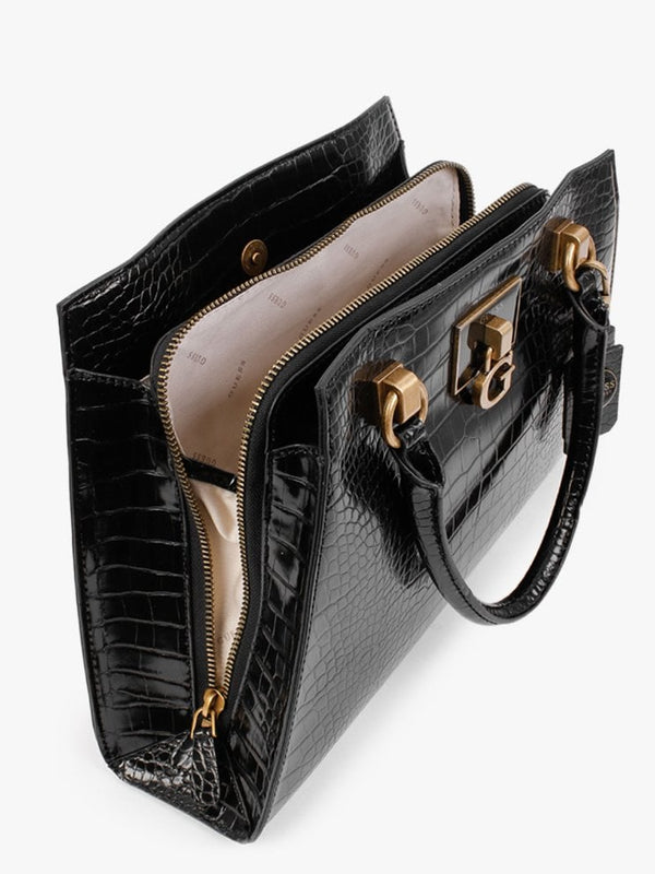 Stephi Black Moc Croc Gold Hardware Satchel Bag