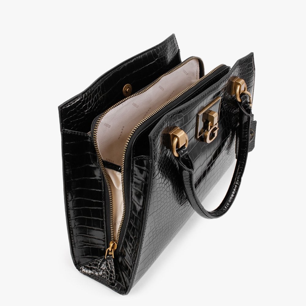 Stephi Black Moc Croc Gold Hardware Satchel Bag