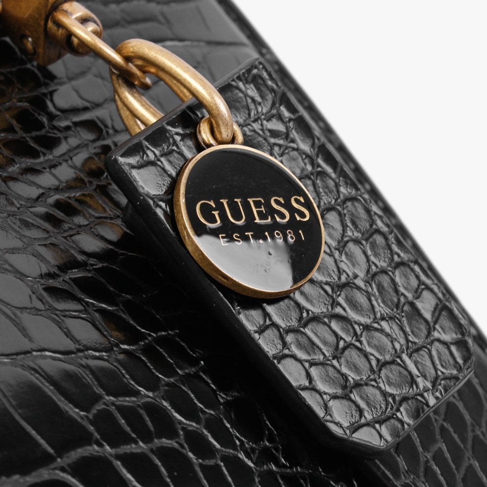 Stephi Black Moc Croc Gold Hardware Satchel Bag