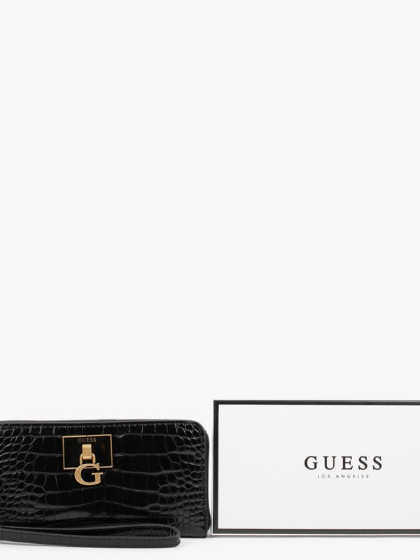 Large Stephi Black Moc Croc Zip Around Wallet