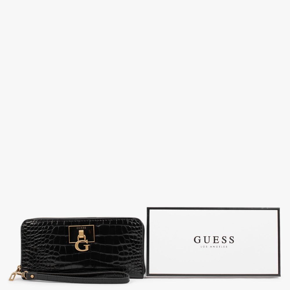 Large Stephi Black Moc Croc Zip Around Wallet