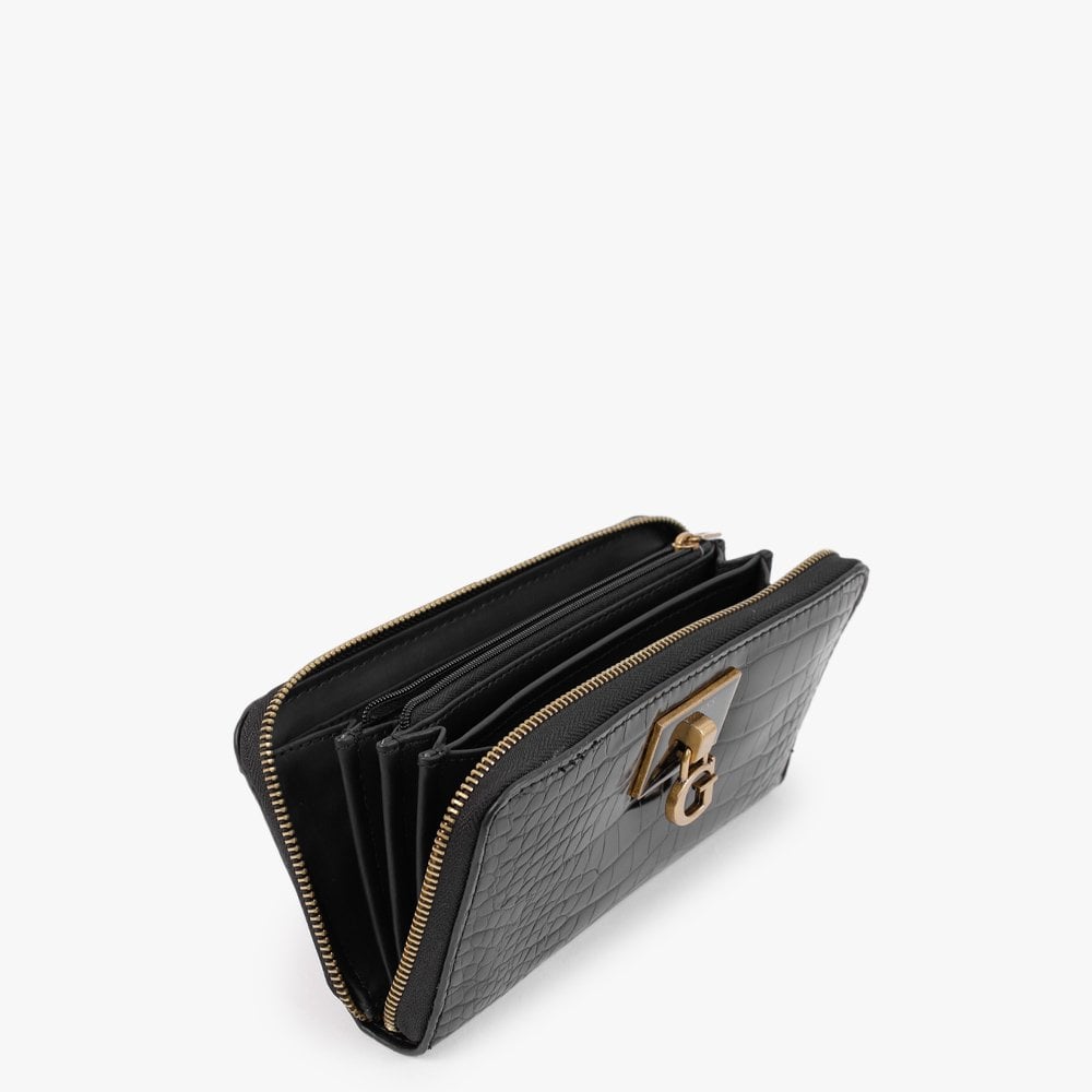 Large Stephi Black Moc Croc Zip Around Wallet
