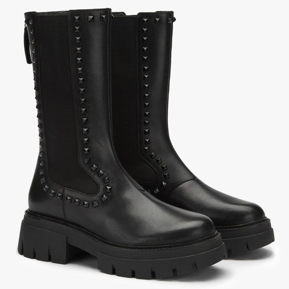 Lennox Black Leather Studded Calf Boots