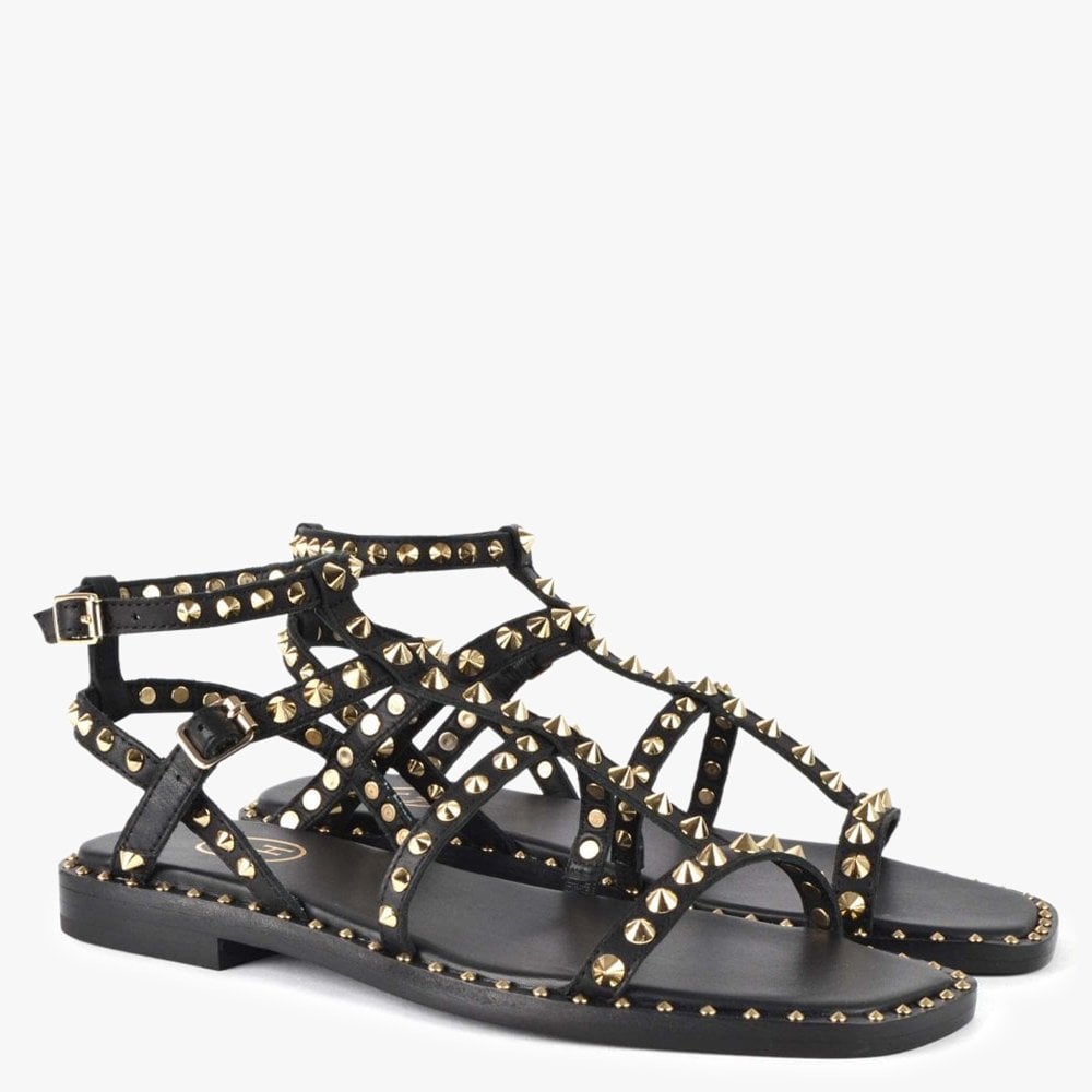 Maeva Black Leather Studded Gladiator Sandals