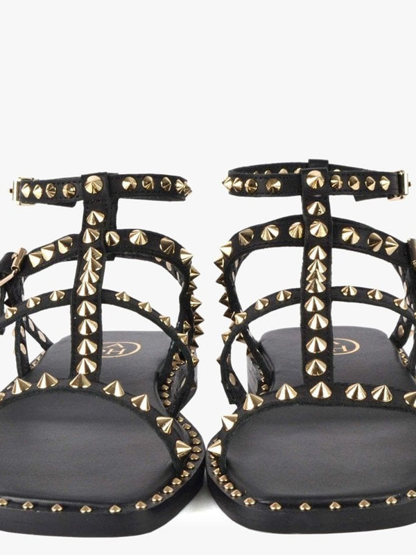 Maeva Black Leather Studded Gladiator Sandals