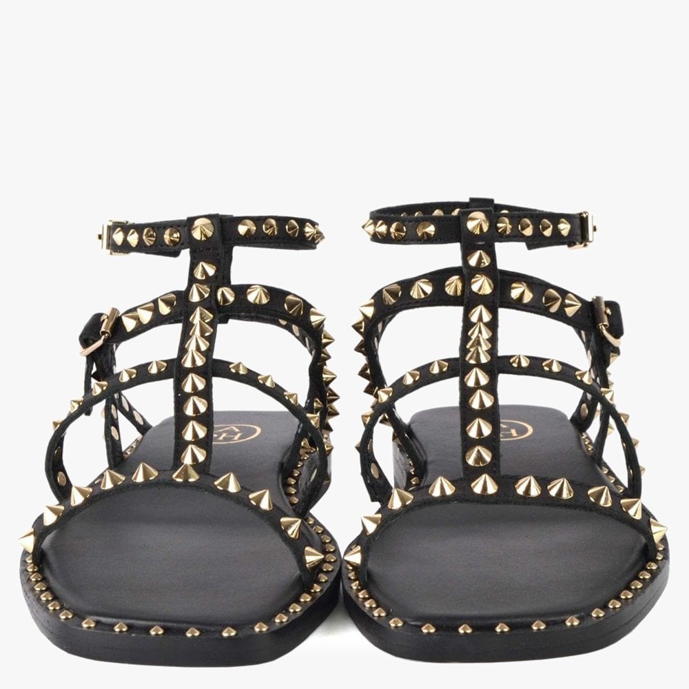 Maeva Black Leather Studded Gladiator Sandals