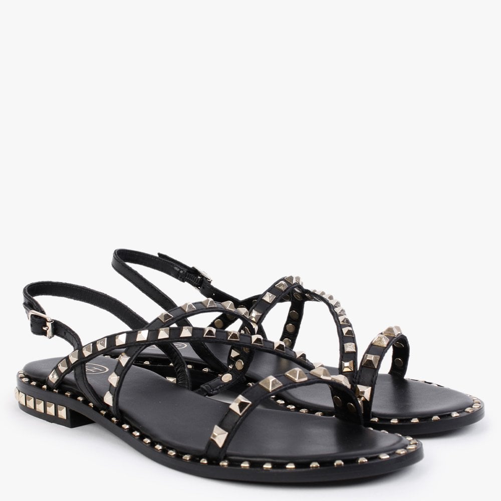 Peace Black Leather Studded Sandals