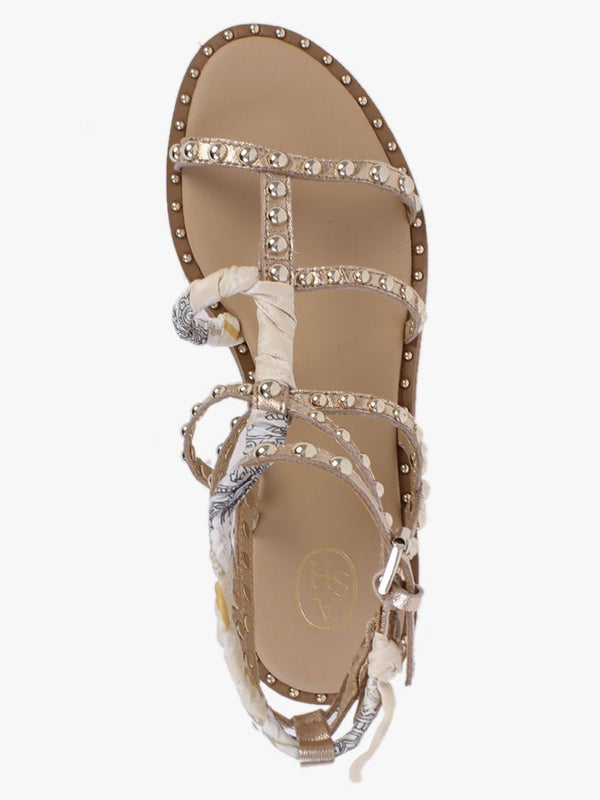 Patchouli Rose Gold Leather Studded Paisley Scarf Gladiator Sandals