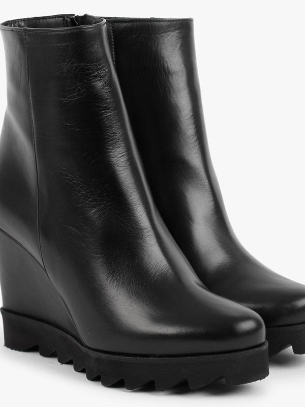 Awedge Black Leather Wedge Ankle Boots