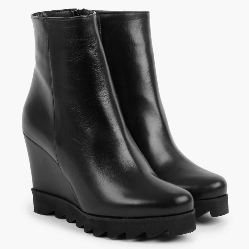 Awedge Black Leather Wedge Ankle Boots