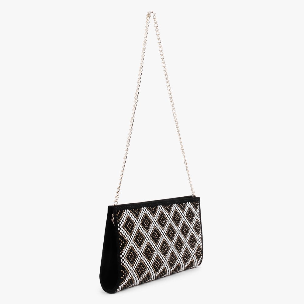 Polly Black Suede Gold Multi Embellished Clutch Bag