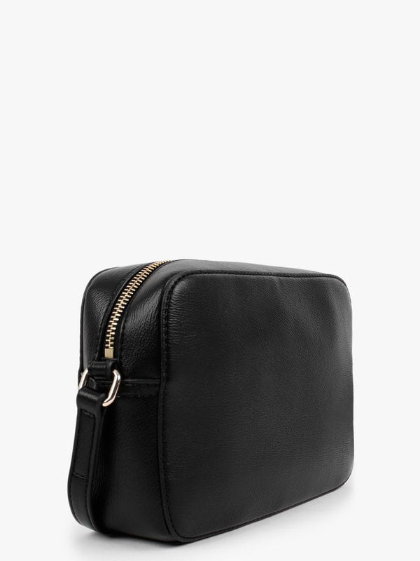 Embossed Logo Black Leather Cross-Body Bag