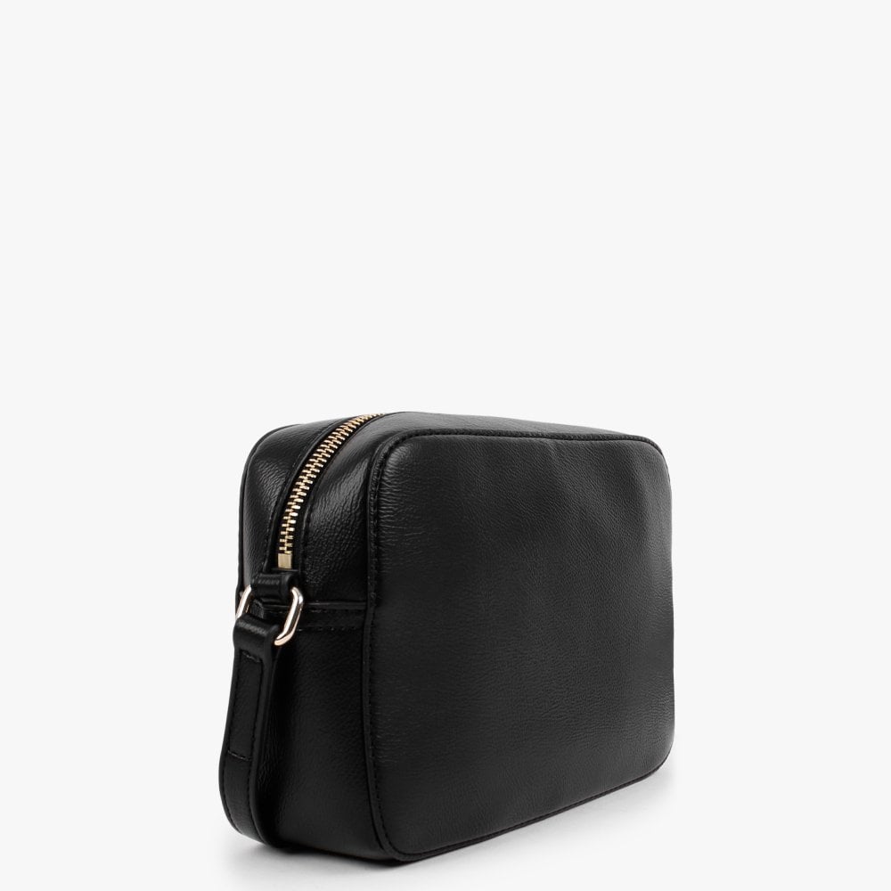 Embossed Logo Black Leather Cross-Body Bag