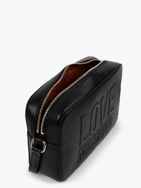 Embossed Logo Black Leather Cross-Body Bag