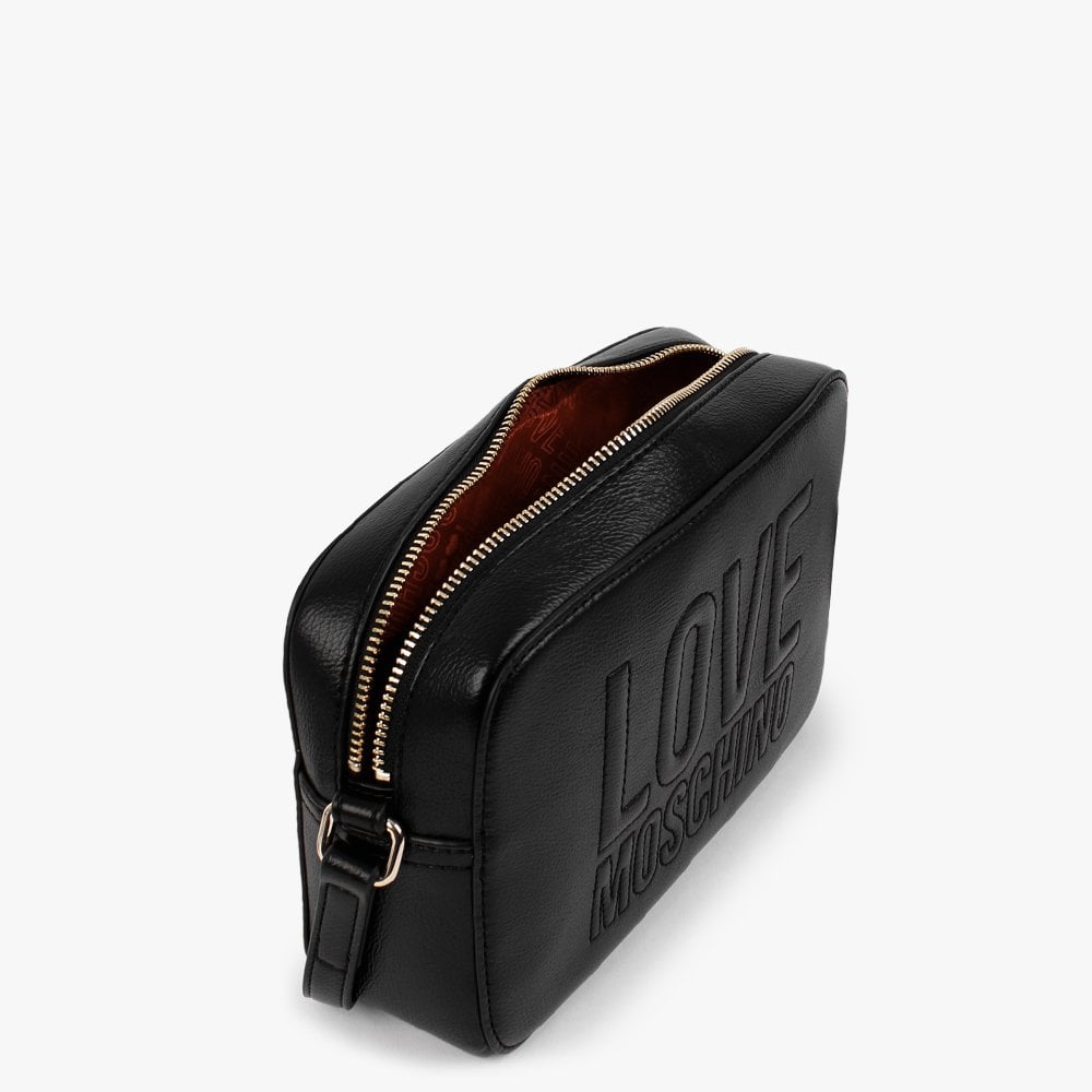 Embossed Logo Black Leather Cross-Body Bag