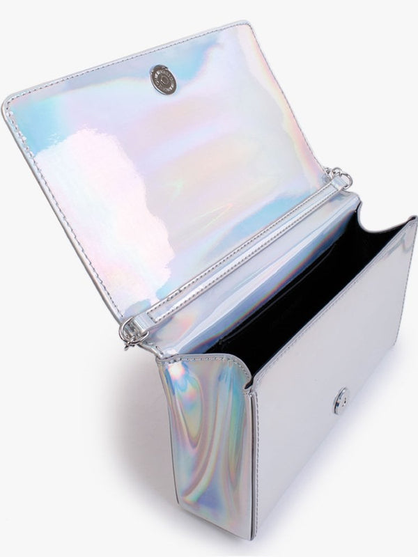 Embossed Logo White Holographic Chain Strap Cross-Body Bag