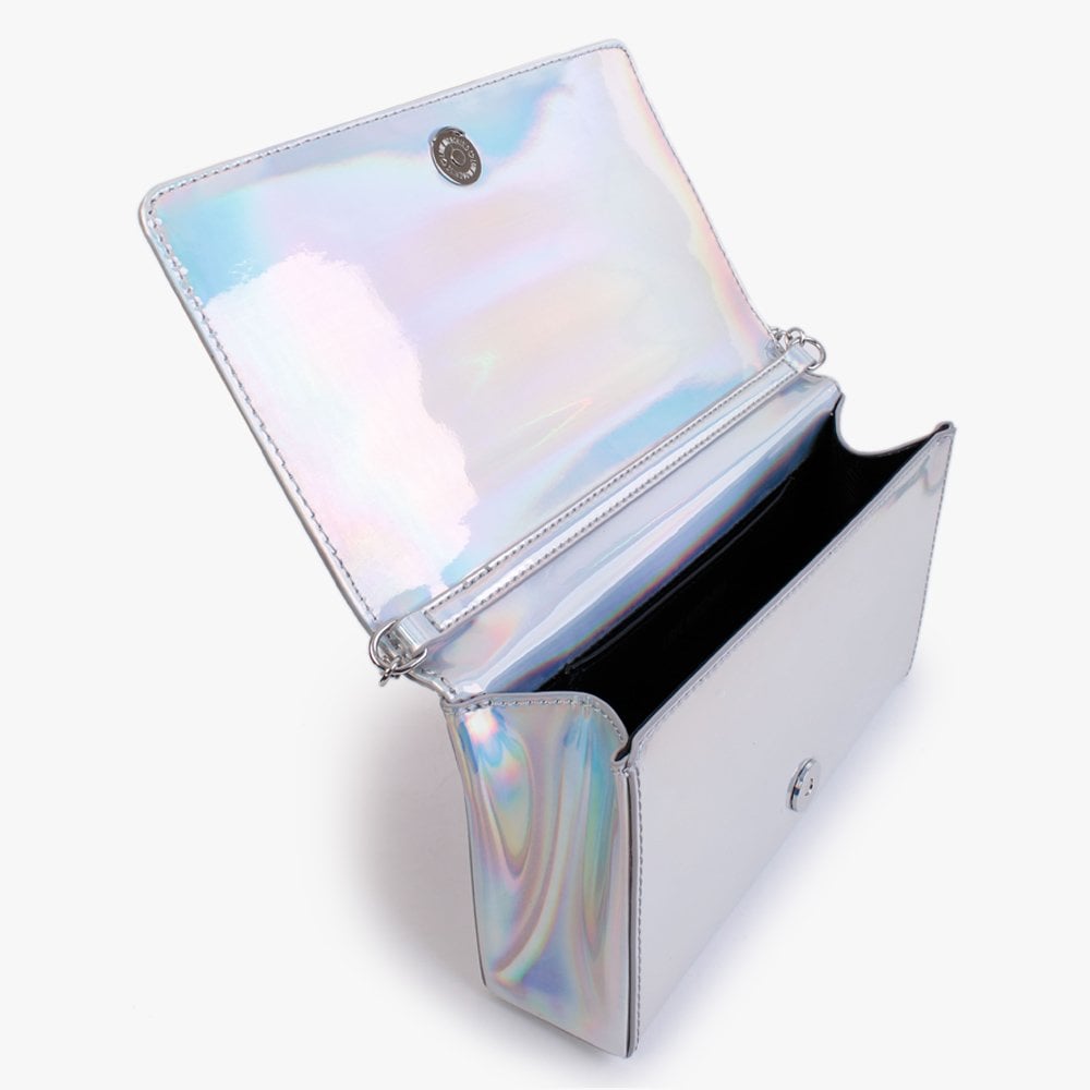 Embossed Logo White Holographic Chain Strap Cross-Body Bag