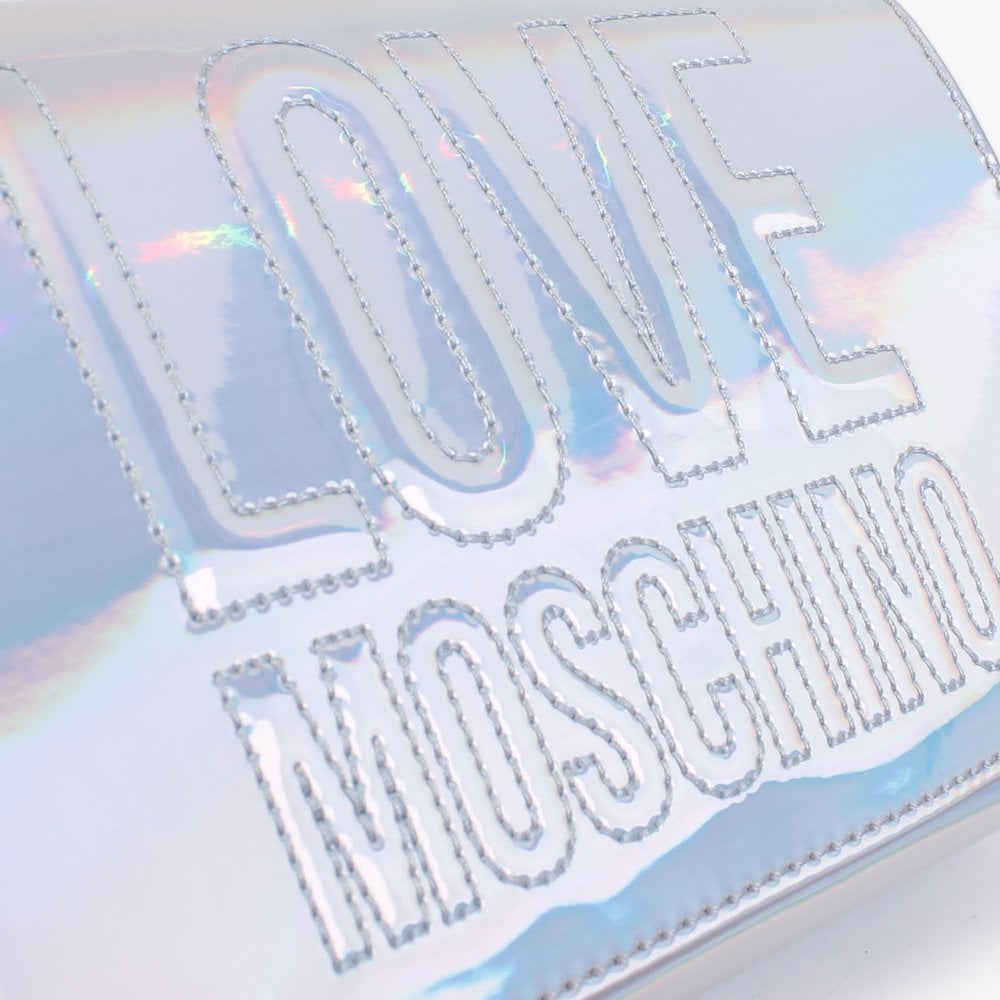 Embossed Logo White Holographic Chain Strap Cross-Body Bag
