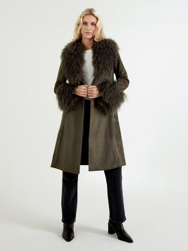 Penny Khaki Suedette Mongolian Trim 70’s Long Line Coat