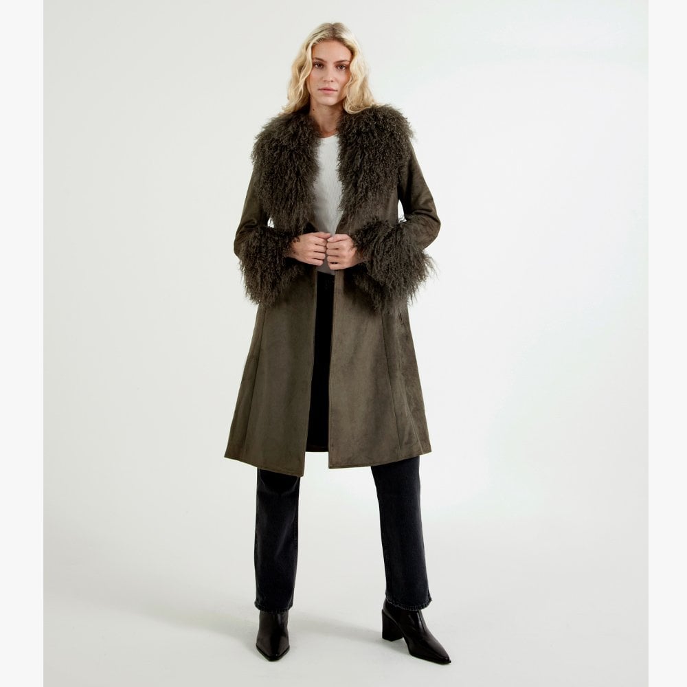 Penny Khaki Suedette Mongolian Trim 70’s Long Line Coat