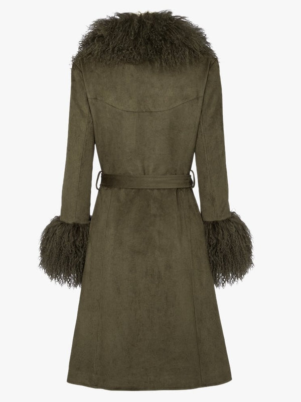 Penny Khaki Suedette Mongolian Trim 70’s Long Line Coat