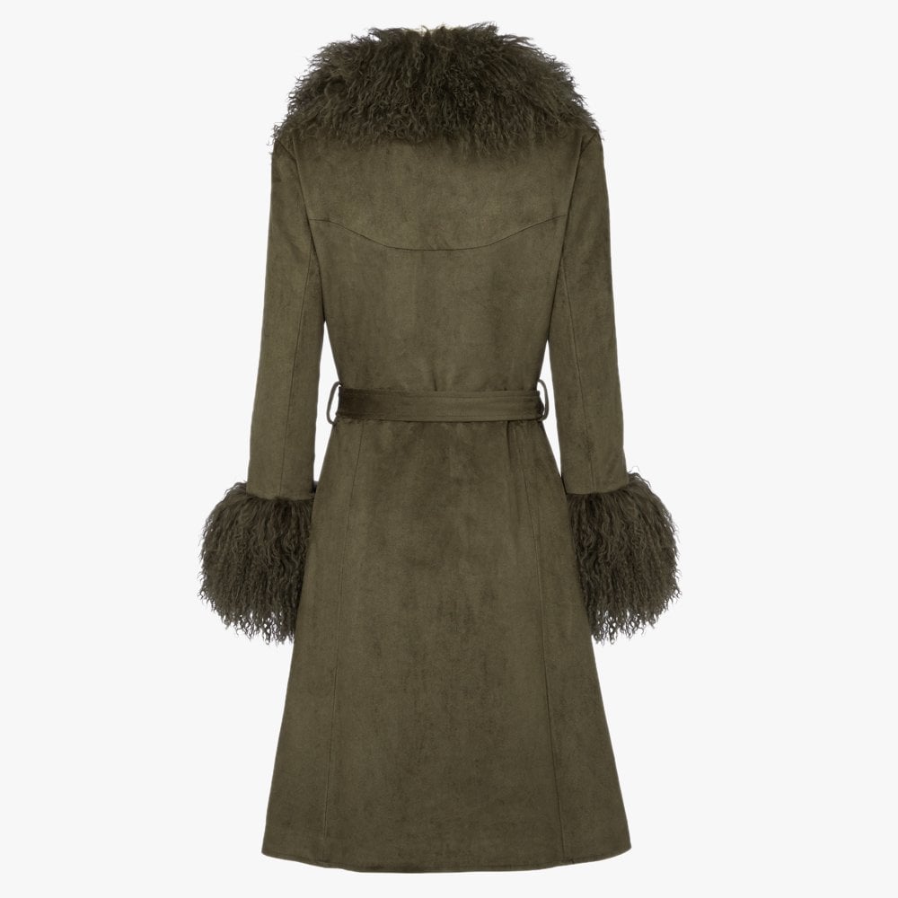 Penny Khaki Suedette Mongolian Trim 70’s Long Line Coat