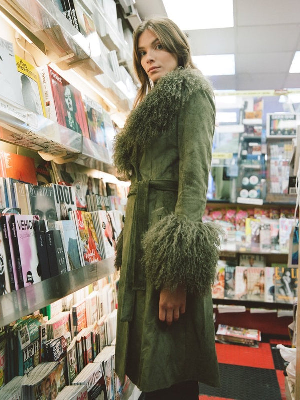 Penny Khaki Suedette Mongolian Trim 70’s Long Line Coat