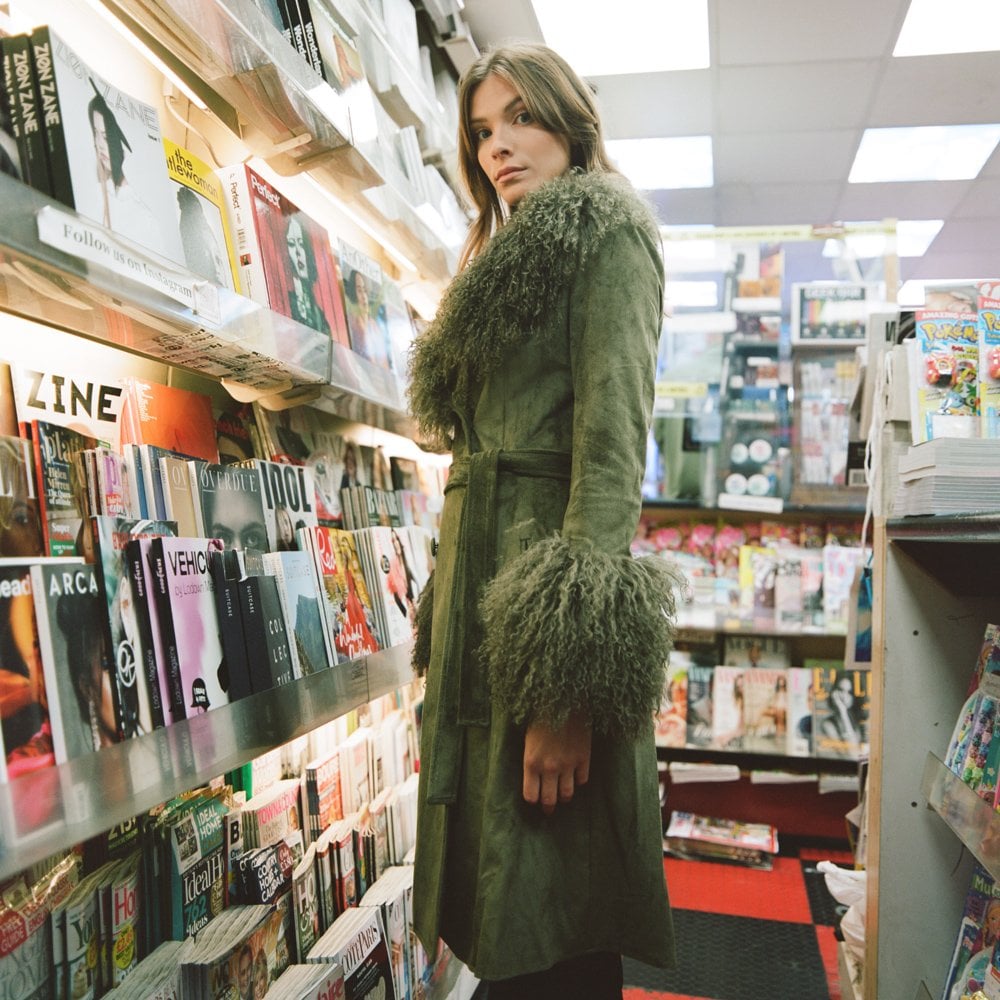 Penny Khaki Suedette Mongolian Trim 70’s Long Line Coat