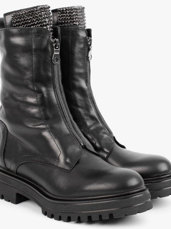 Sanzip Black Leather Diamante Embellished Ankle Boots