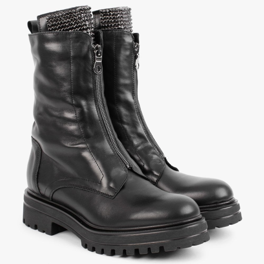 Sanzip Black Leather Diamante Embellished Ankle Boots