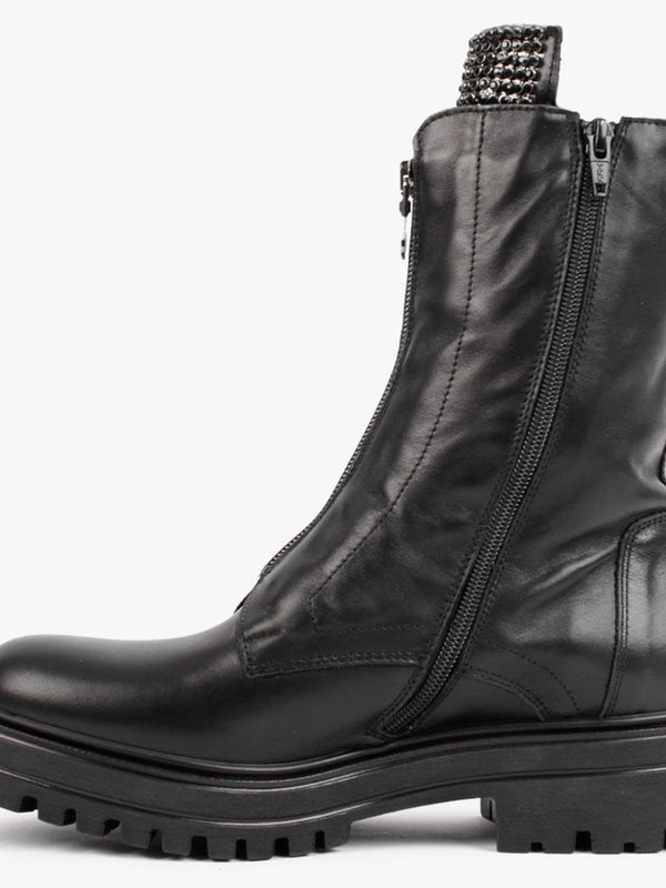 Sanzip Black Leather Diamante Embellished Ankle Boots