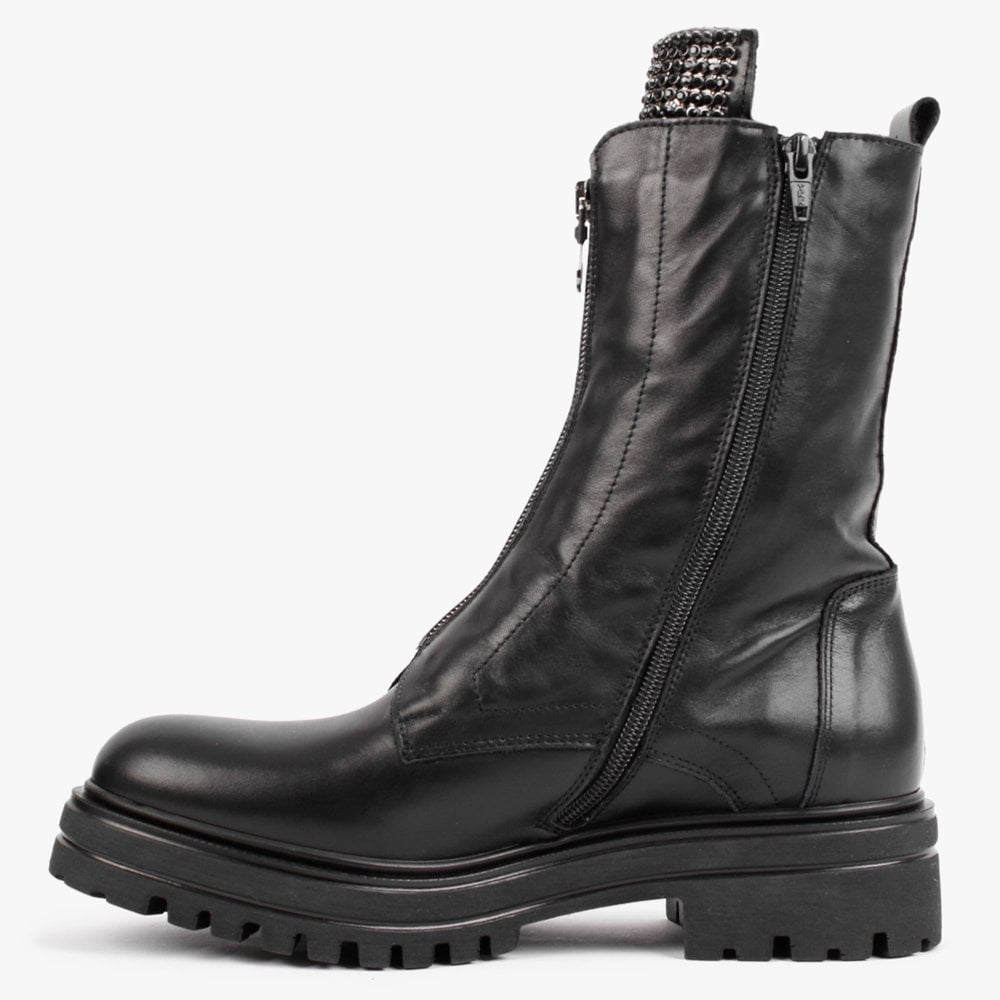Sanzip Black Leather Diamante Embellished Ankle Boots