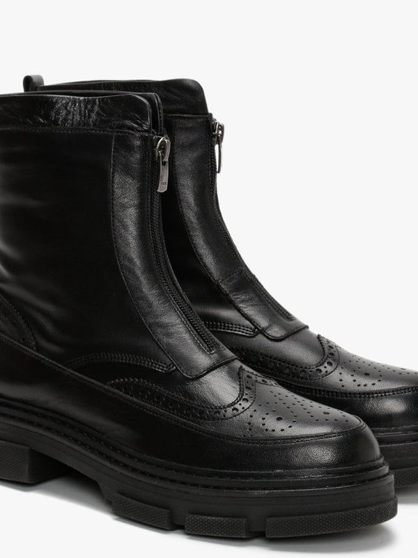 Bent Black Leather Brogue Ankle Boots