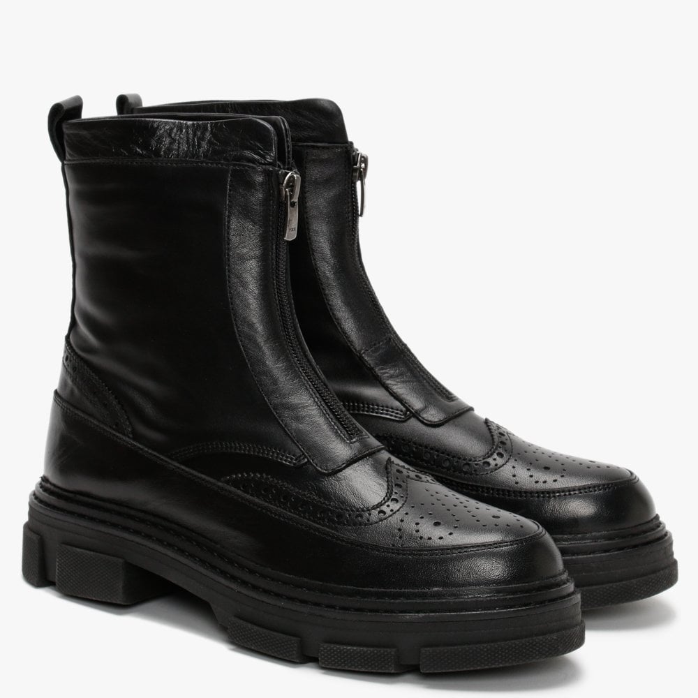 Bent Black Leather Brogue Ankle Boots
