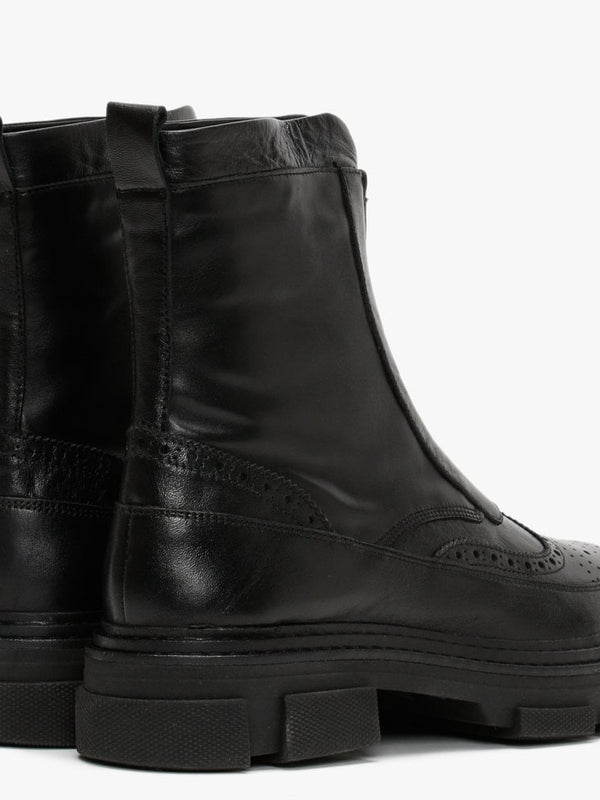 Bent Black Leather Brogue Ankle Boots