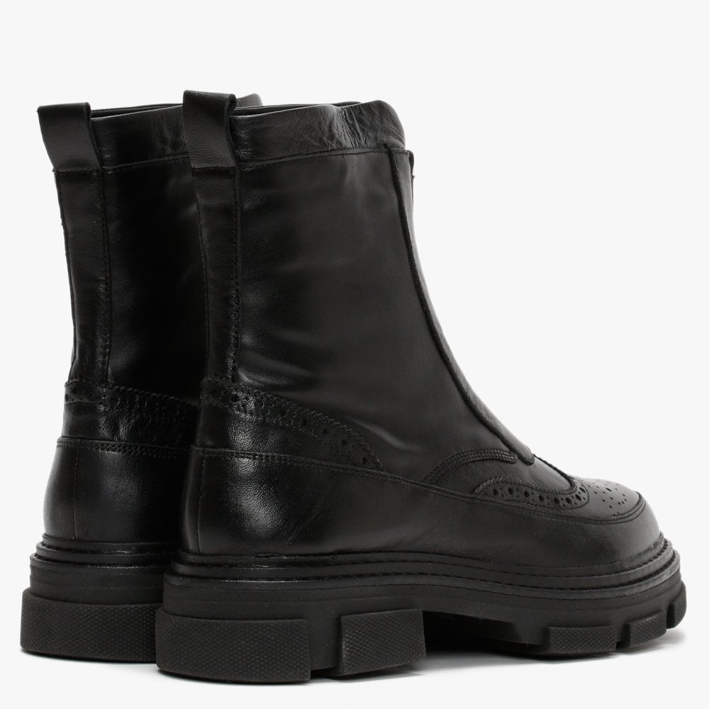 Bent Black Leather Brogue Ankle Boots