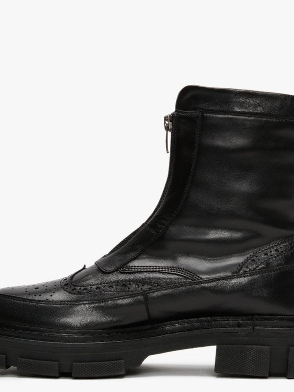 Bent Black Leather Brogue Ankle Boots