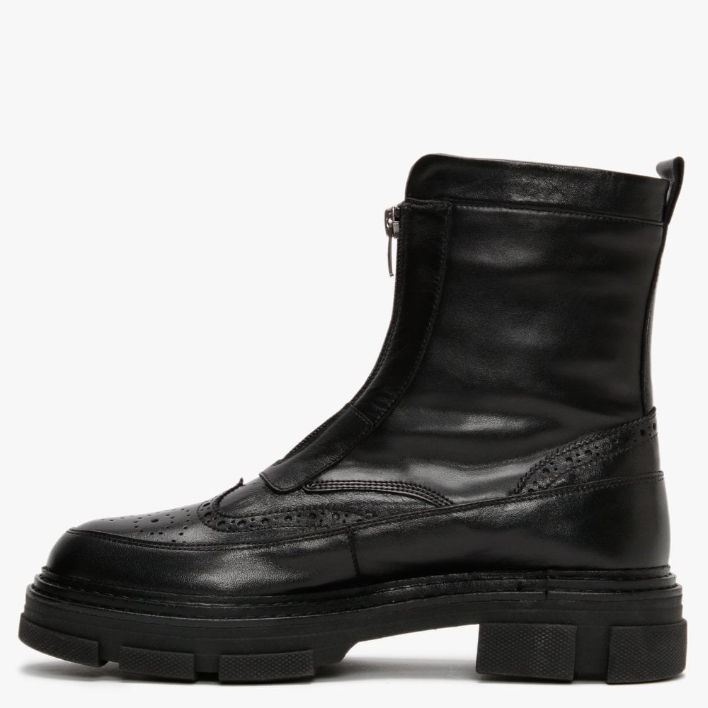 Bent Black Leather Brogue Ankle Boots