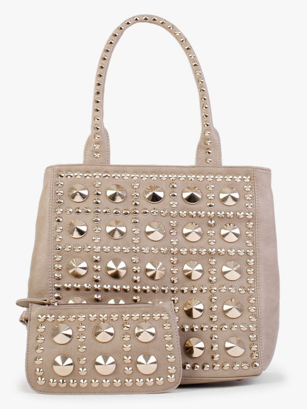 Beige Studded Tote Bag