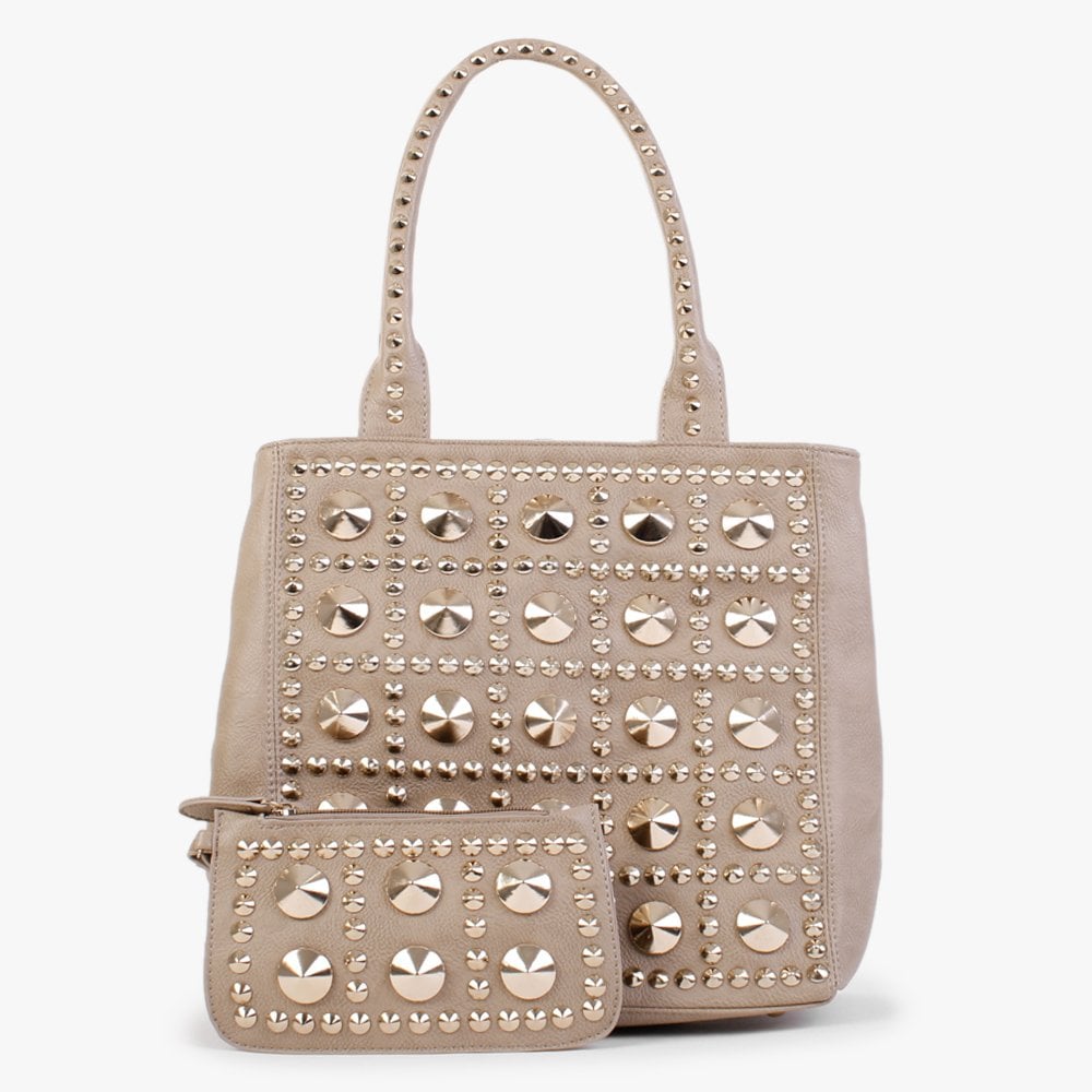 Beige Studded Tote Bag