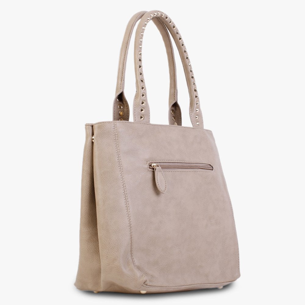Beige Studded Tote Bag