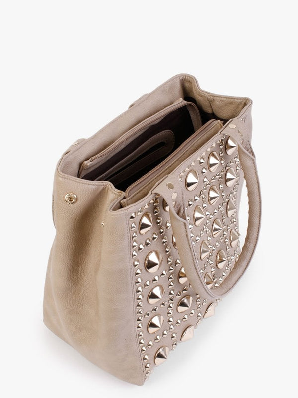 Beige Studded Tote Bag