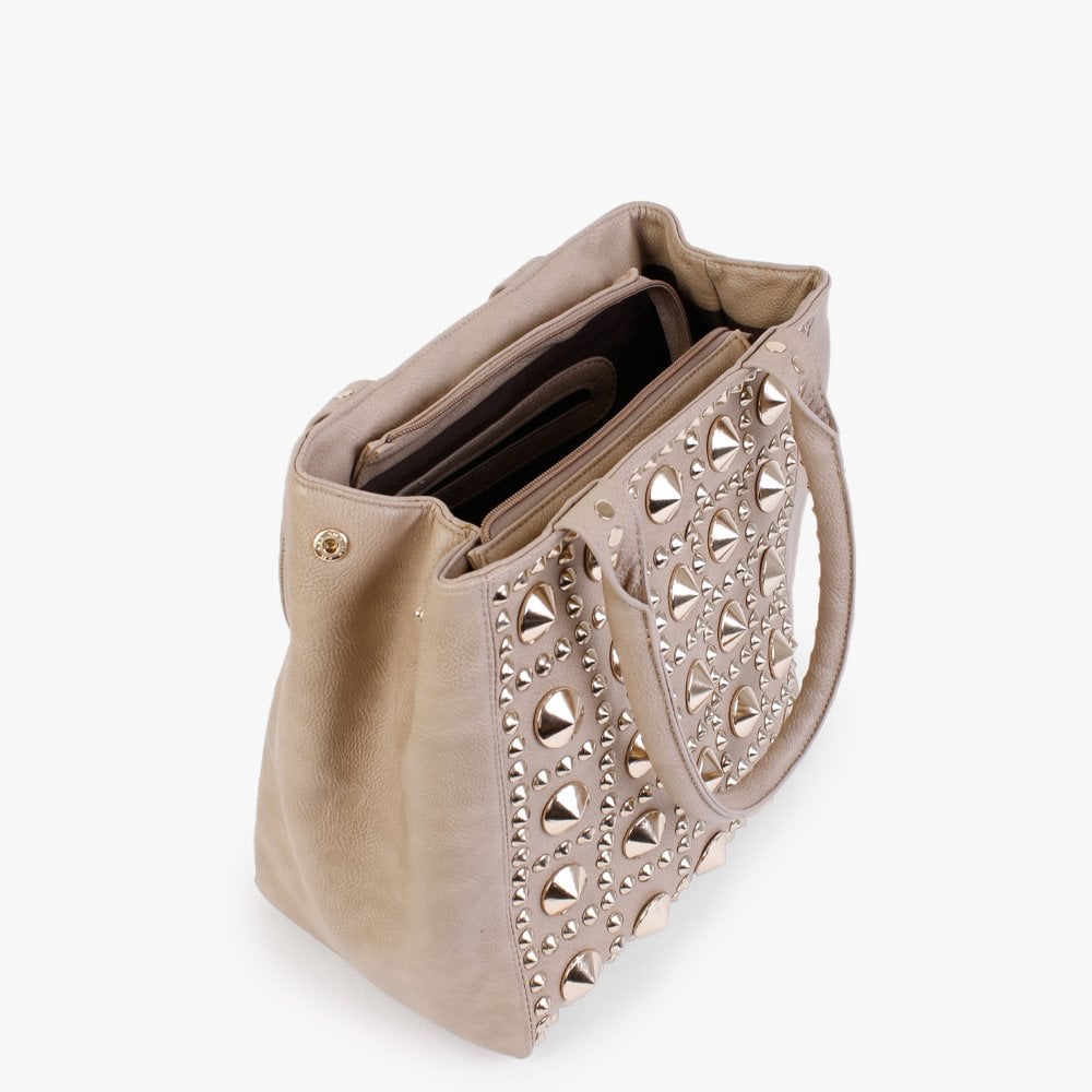 Beige Studded Tote Bag