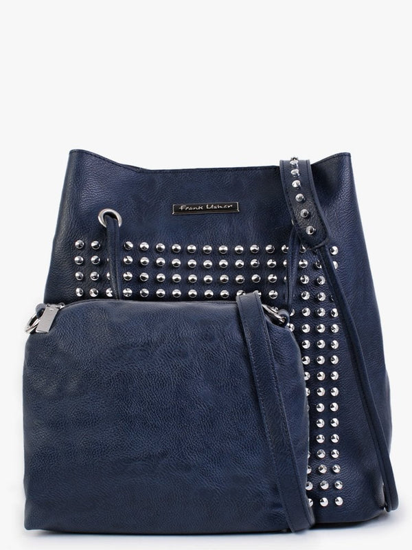 Navy Studded Draw String Shoulder Bag