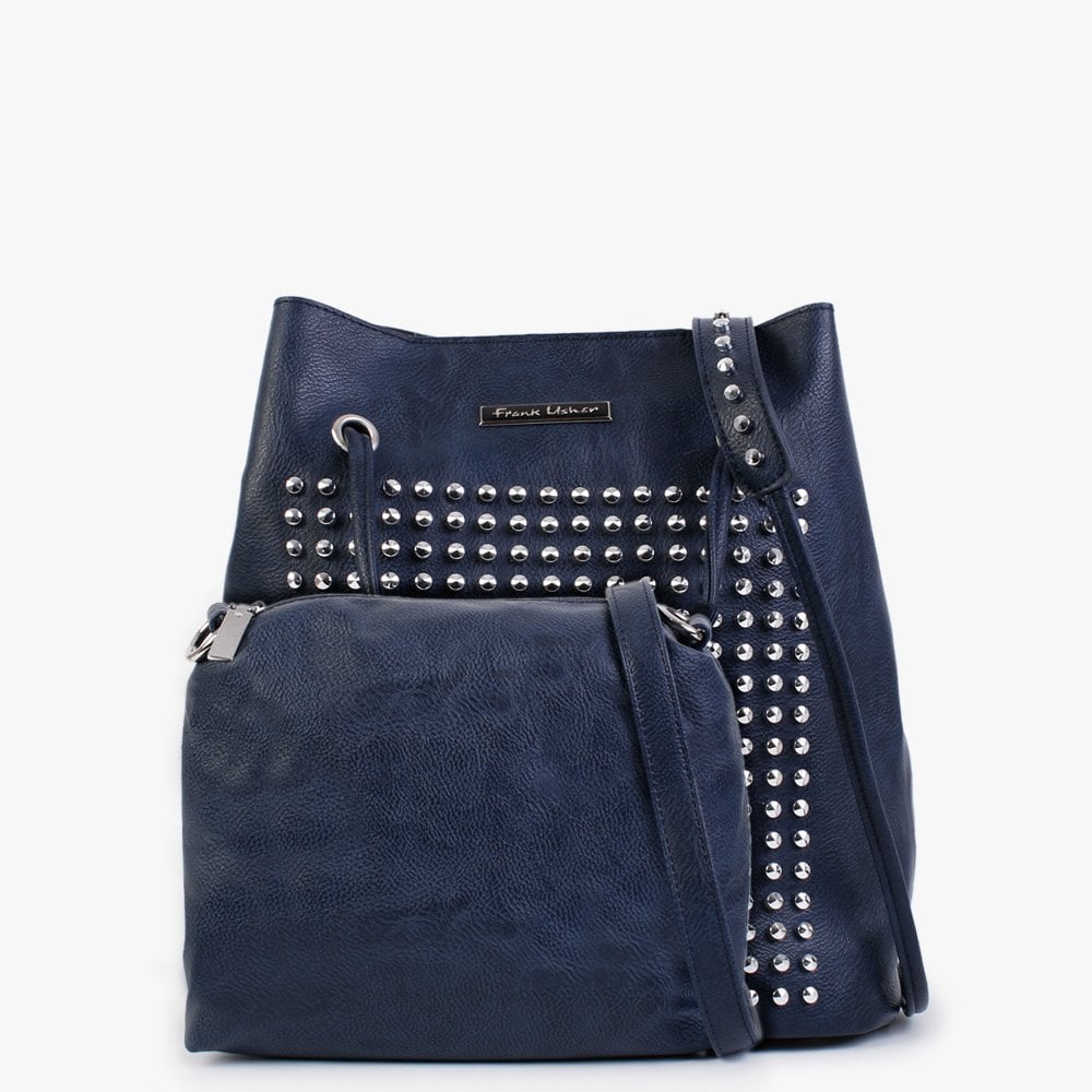 Navy Studded Draw String Shoulder Bag