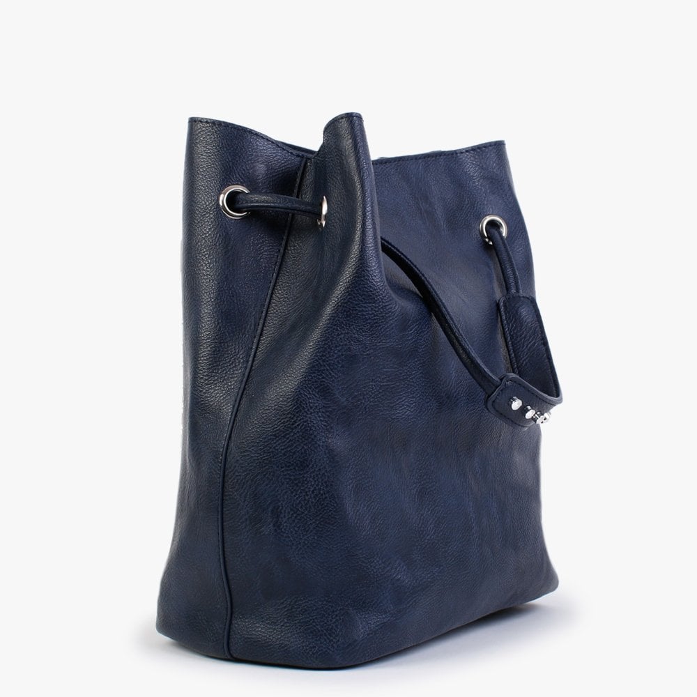 Navy Studded Draw String Shoulder Bag
