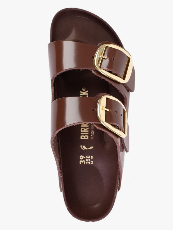 Arizona Big Buckle Chocolate Patent Leather Two Bar Mules
